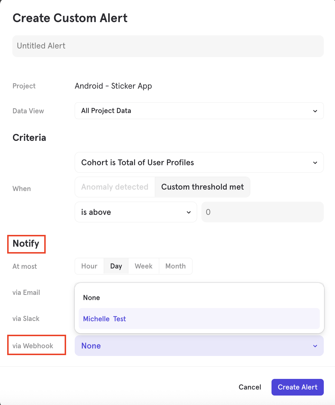 Webhook selection in alert notification settings